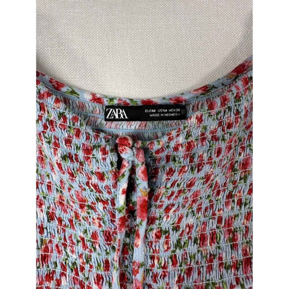 Zara Womens Floral Smocked Midi Dress Blue Red Flutter Sleeve Medium - Picture 4 of 9